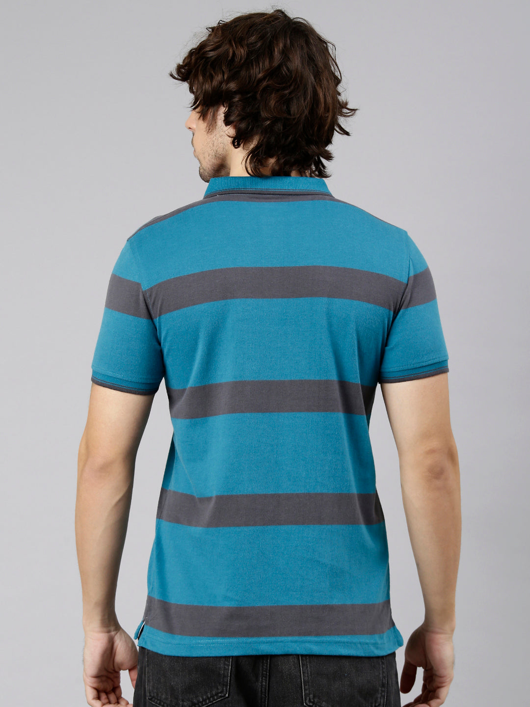 Classic Polo Men's Half Sleeve Teal Polo Neck Slim Fit Striped Cotton Blend T-Shirt | CPEG - 368 B SF P