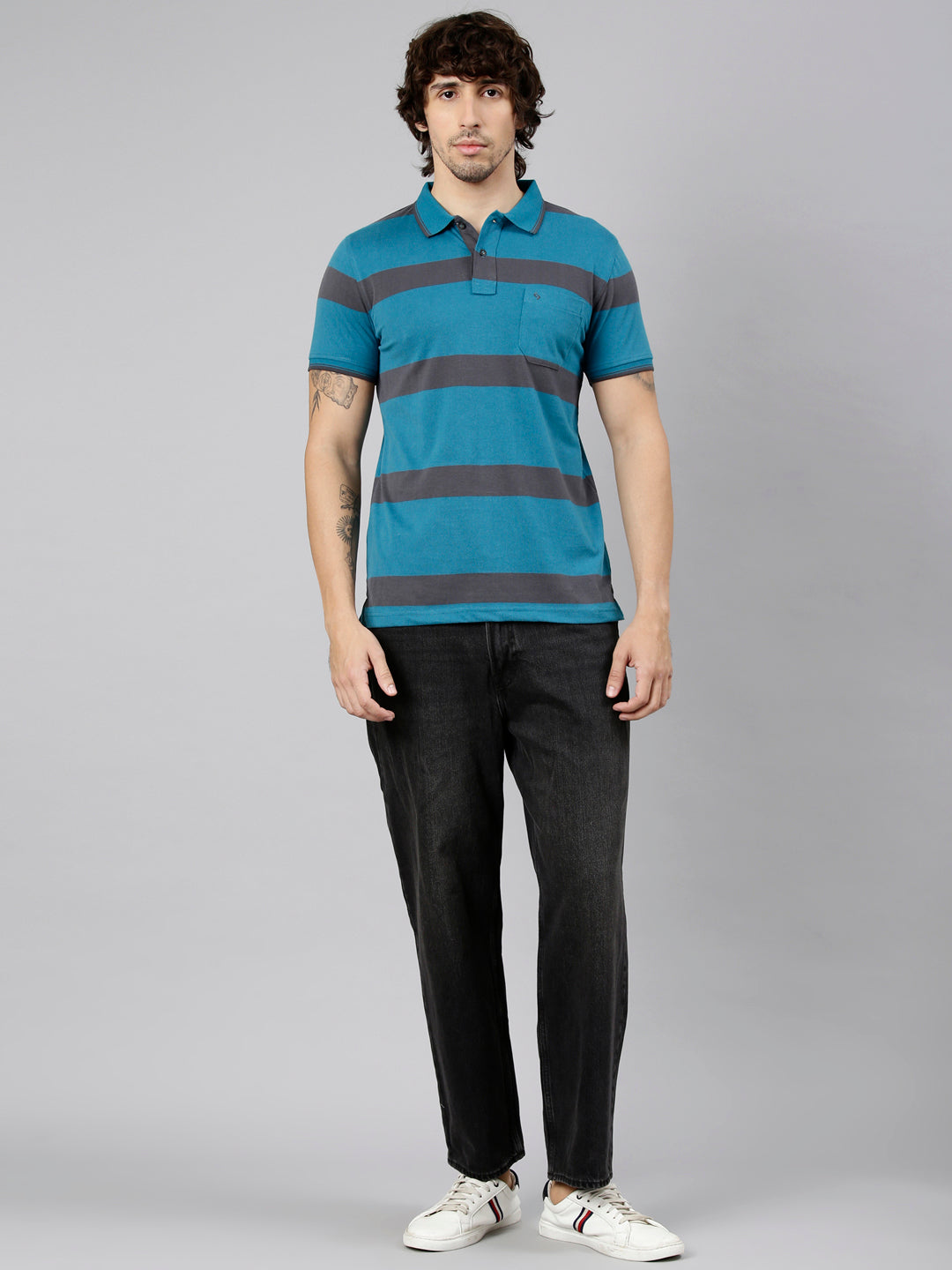 Classic Polo Men's Half Sleeve Teal Polo Neck Slim Fit Striped Cotton Blend T-Shirt | CPEG - 368 B SF P