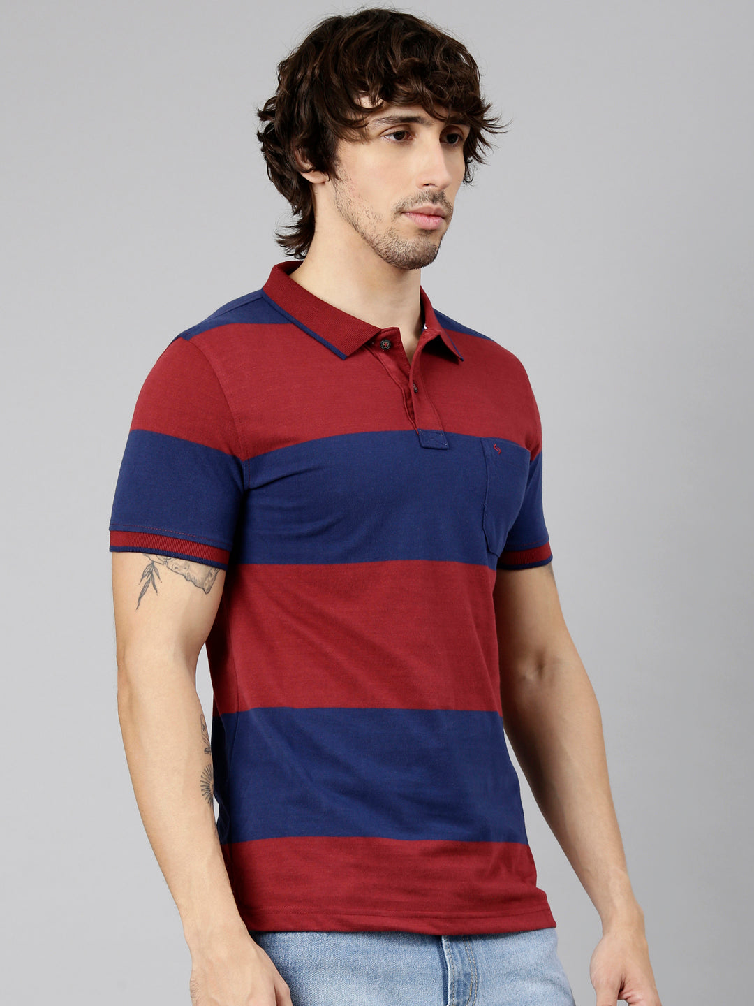 Classic Polo Men's Half Sleeve Maroon Polo Neck Slim Fit Striped Cotton Blend T-Shirt | CPEG - 370 A SF P
