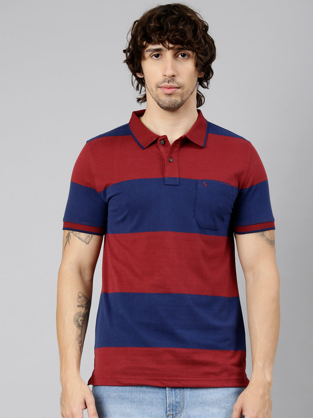 Classic Polo Men's Half Sleeve Maroon Polo Neck Slim Fit Striped Cotton Blend T-Shirt | CPEG - 370 A SF P