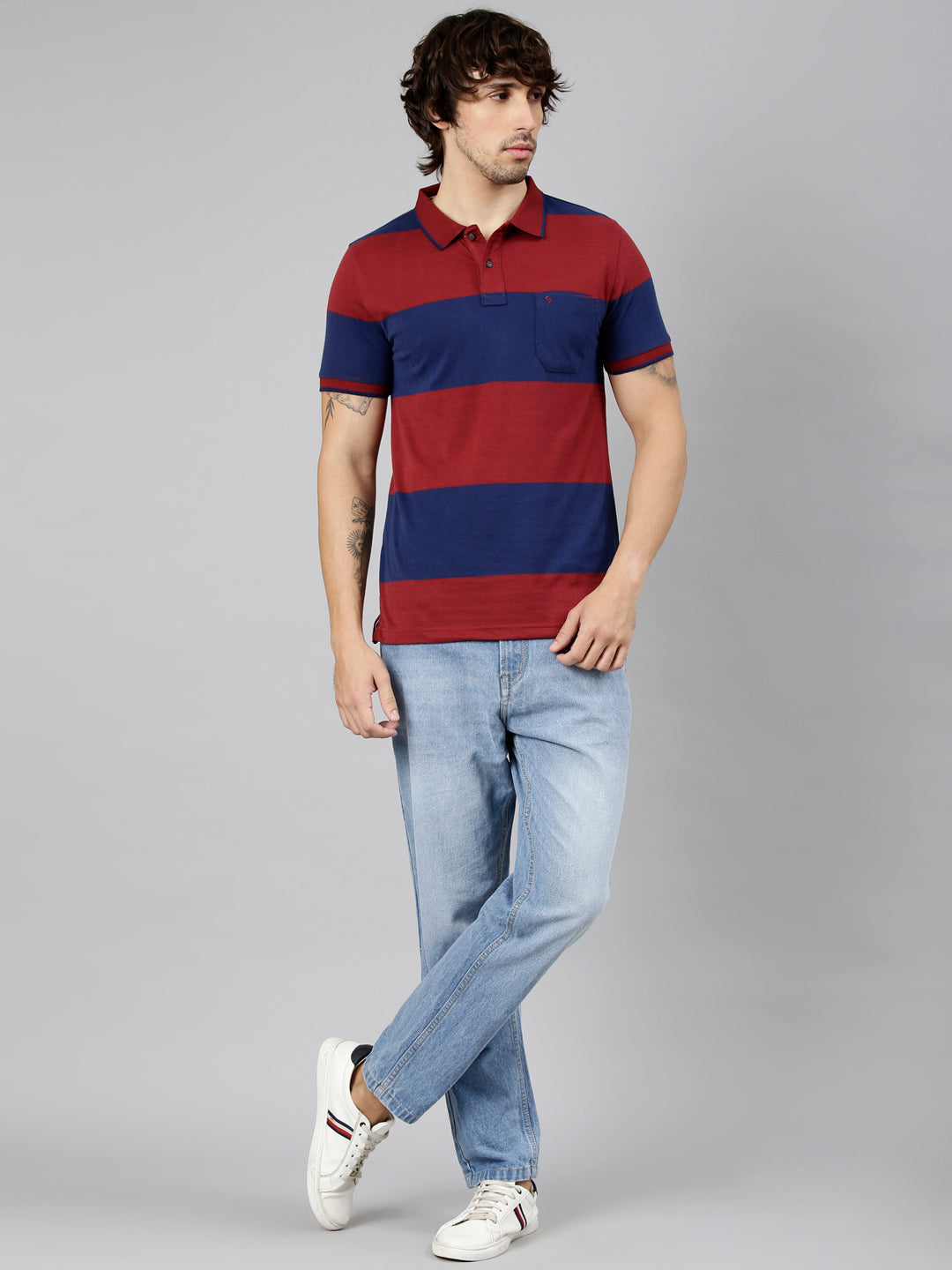 Classic Polo Men's Half Sleeve Maroon Polo Neck Slim Fit Striped Cotton Blend T-Shirt | CPEG - 370 A SF P