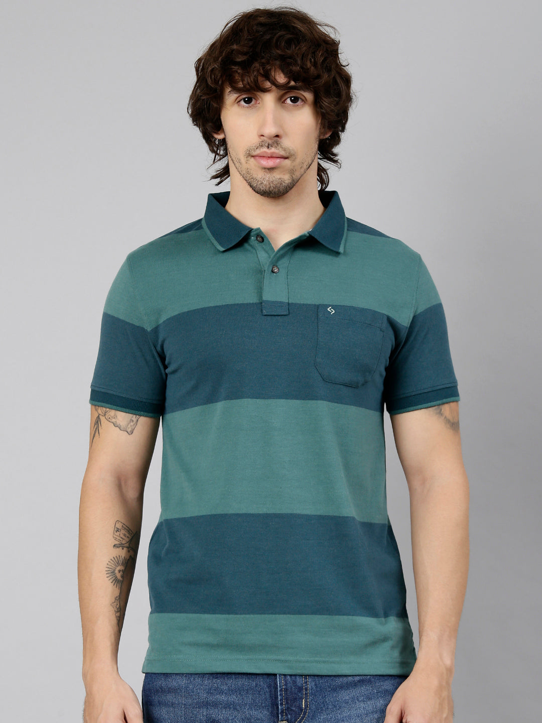 Classic Polo Men's Half Sleeve Green Polo Neck Slim Fit Striped Cotton Blend T-Shirt | CPEG - 370 B SF P