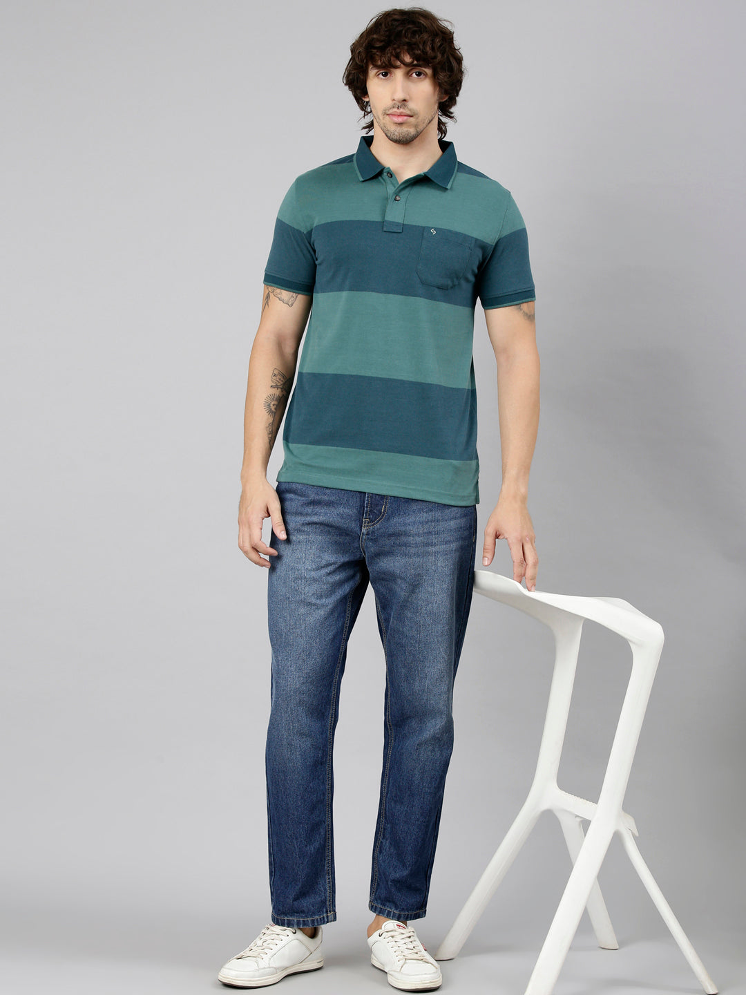 Classic Polo Men's Half Sleeve Green Polo Neck Slim Fit Striped Cotton Blend T-Shirt | CPEG - 370 B SF P