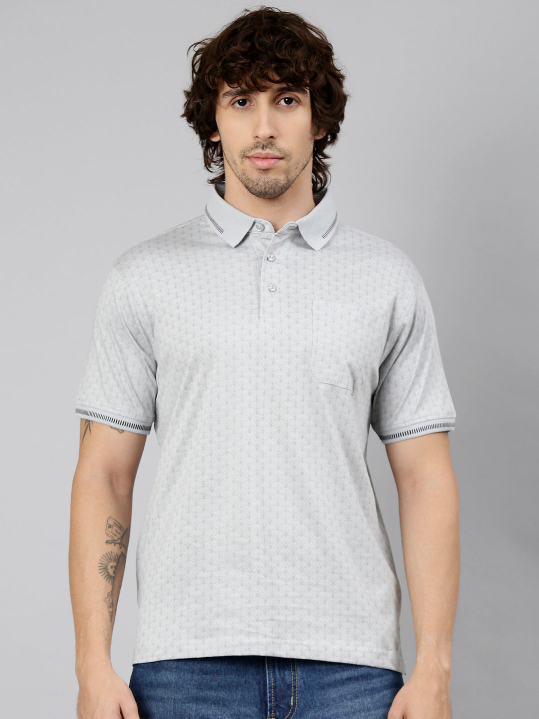 Classic Polo Men's Half Sleeve Grey Polo Neck Authentic Fit AOP Cotton T-Shirt | CRESTAL AOP - 02 B AF P