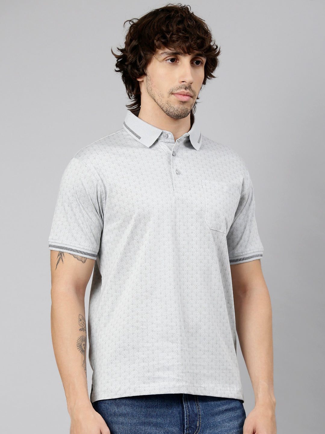 Classic Polo Men's Half Sleeve Grey Polo Neck Authentic Fit AOP Cotton T-Shirt | CRESTAL AOP - 02 B AF P