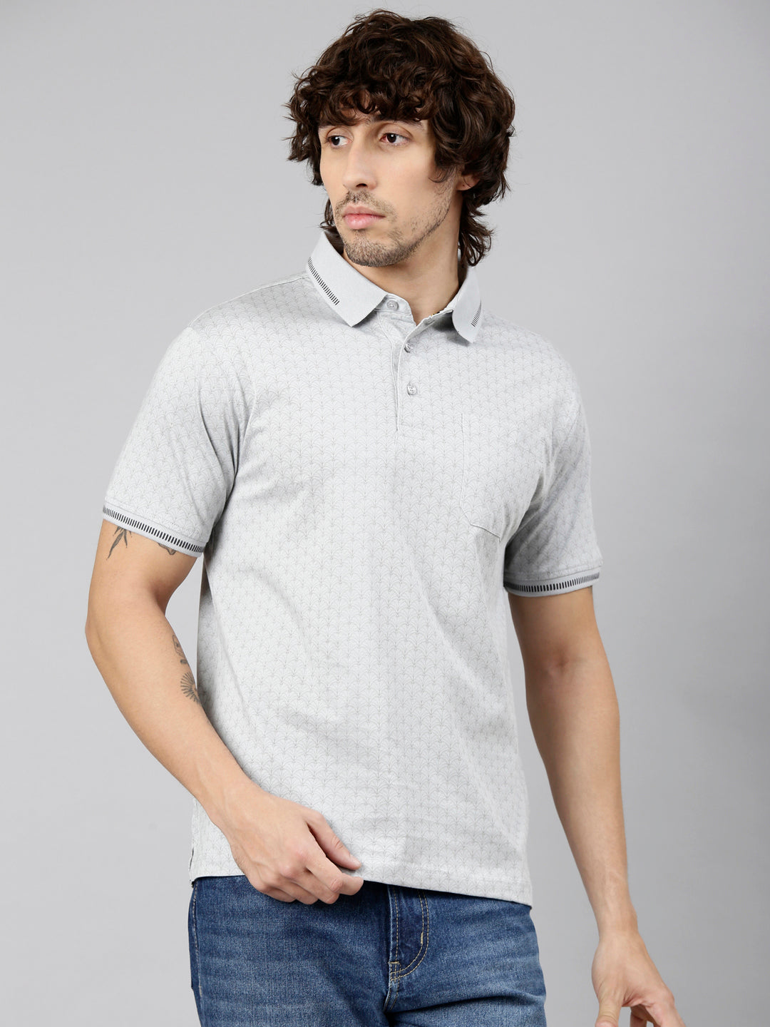 Classic Polo Men's Half Sleeve Grey Polo Neck Authentic Fit AOP Cotton T-Shirt | CRESTAL AOP - 02 B AF P