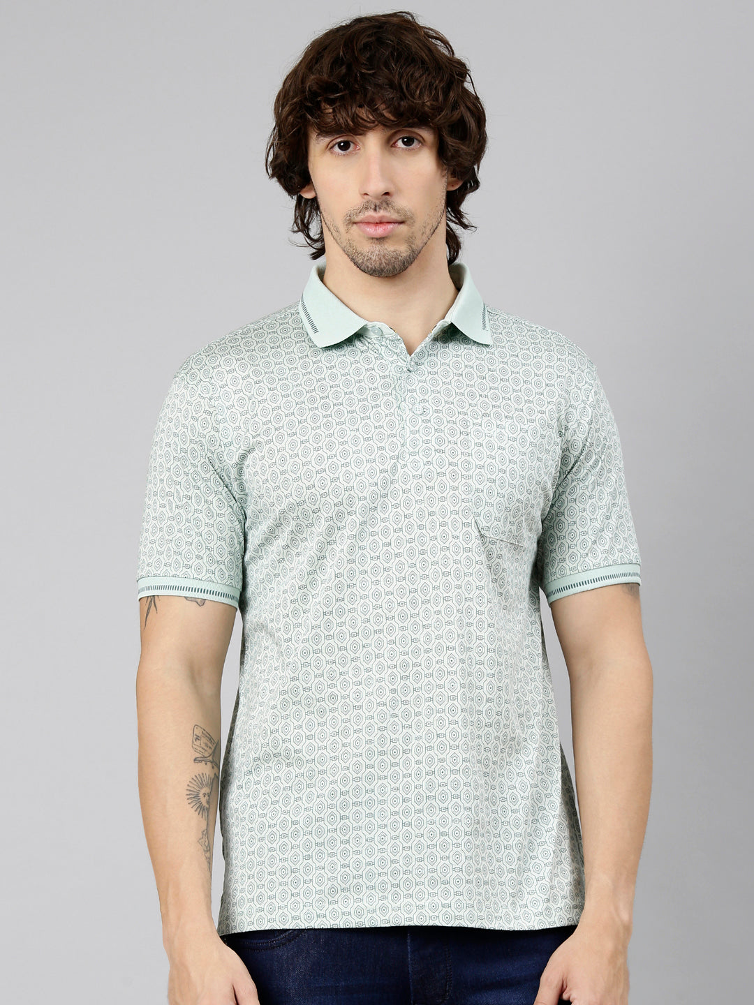 Classic Polo Men's Half Sleeve Light Green Polo Neck Authentic Fit AOP Cotton T-Shirt | CRESTAL AOP - 04 A AF P