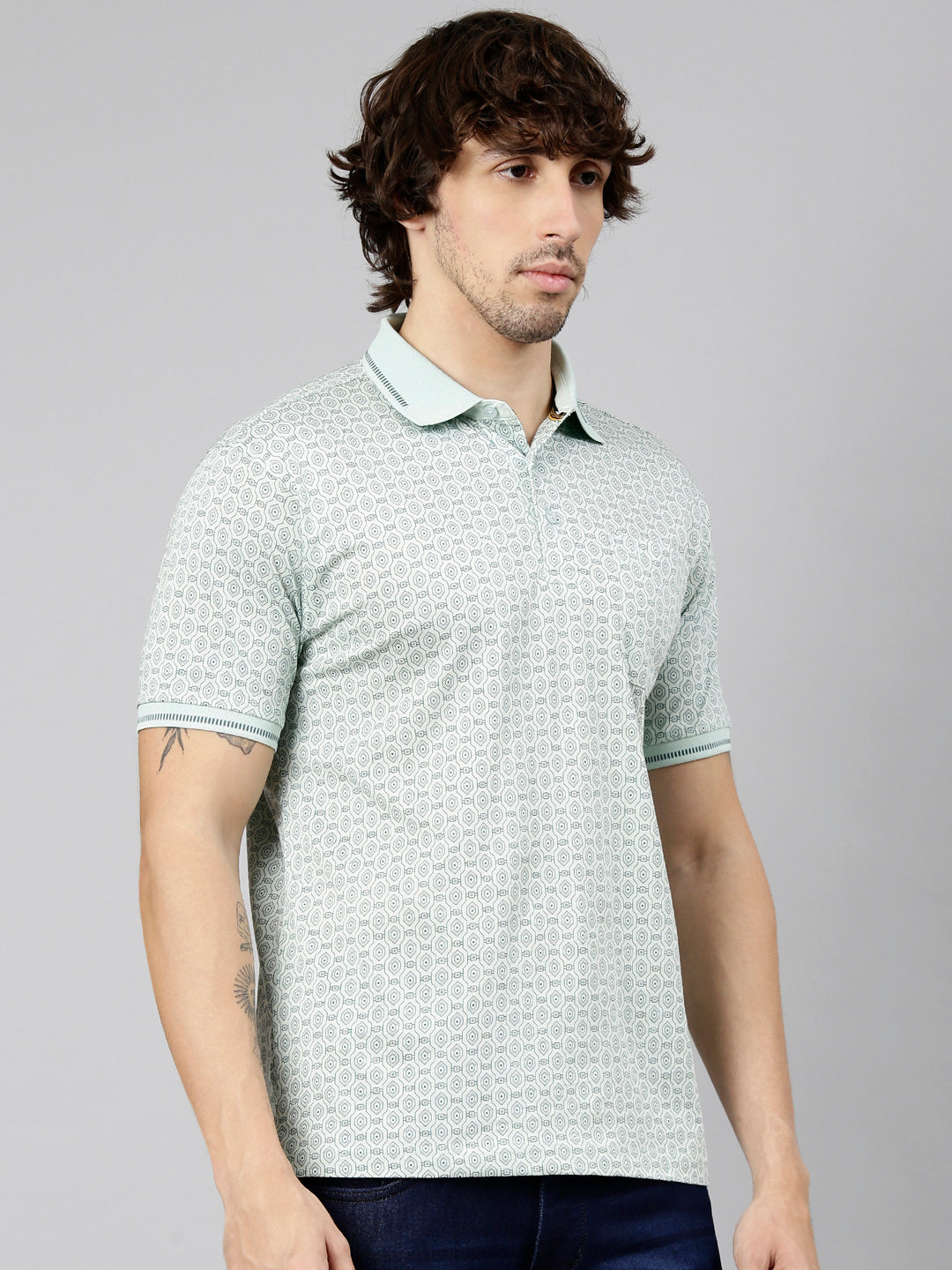 Classic Polo Men's Half Sleeve Light Green Polo Neck Authentic Fit AOP Cotton T-Shirt | CRESTAL AOP - 04 A AF P