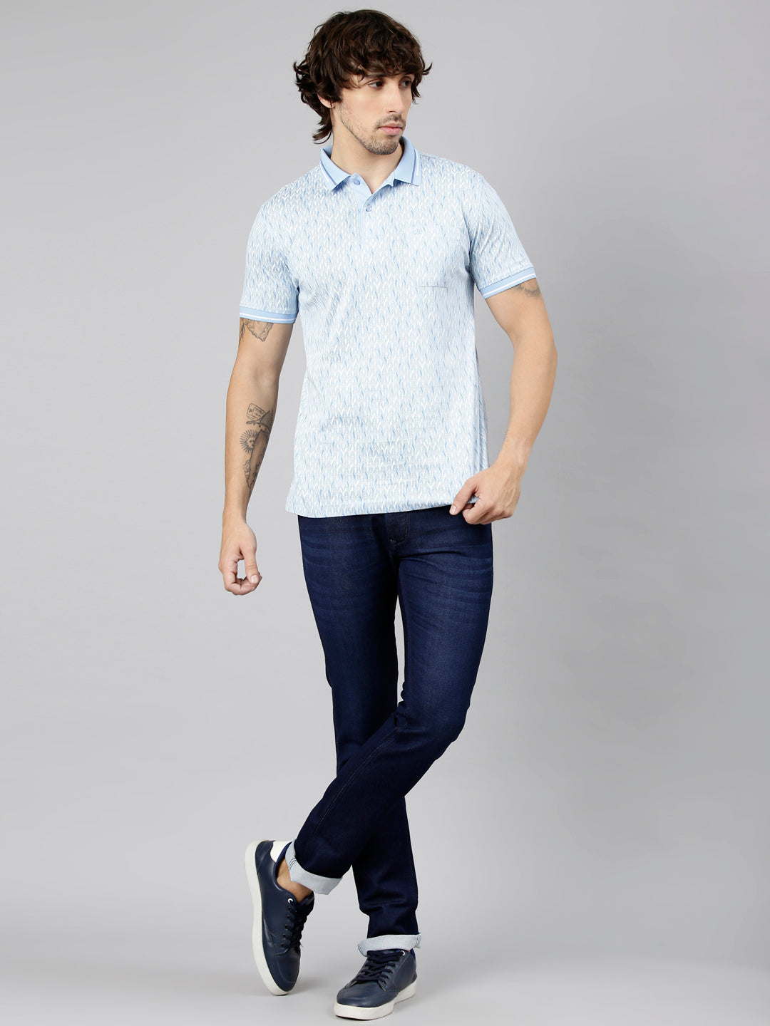 Classic Polo Men's Half Sleeve Blue Polo Neck Slim Fit AOP Cotton T-Shirt | ETRANO AOP - 02 A SF P