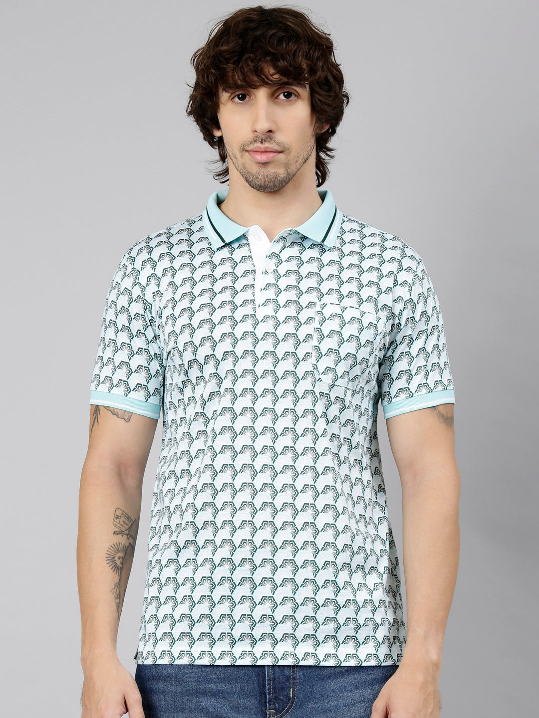 Classic Polo Men's Half Sleeve Green Polo Neck Slim Fit AOP Cotton T-Shirt | ETRANO AOP - 03 A SF P
