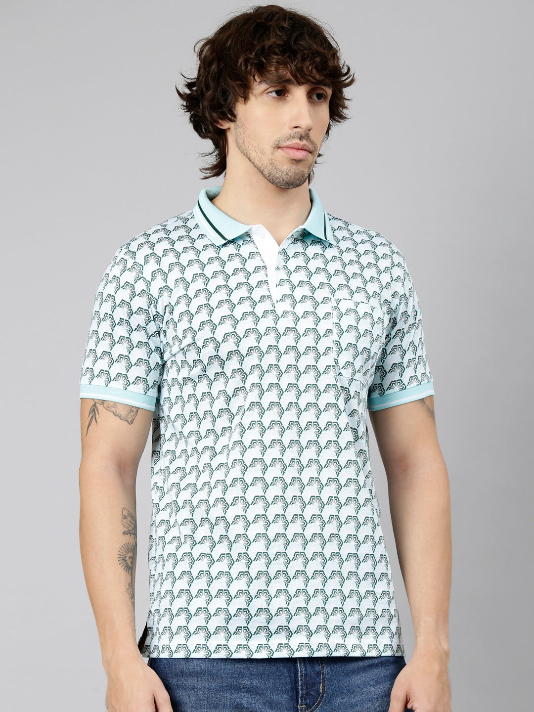 Classic Polo Men's Half Sleeve Green Polo Neck Slim Fit AOP Cotton T-Shirt | ETRANO AOP - 03 A SF P
