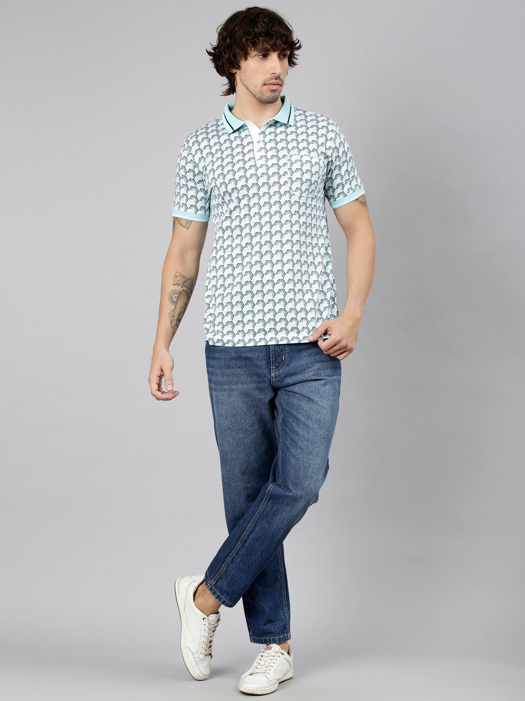Classic Polo Men's Half Sleeve Green Polo Neck Slim Fit AOP Cotton T-Shirt | ETRANO AOP - 03 A SF P