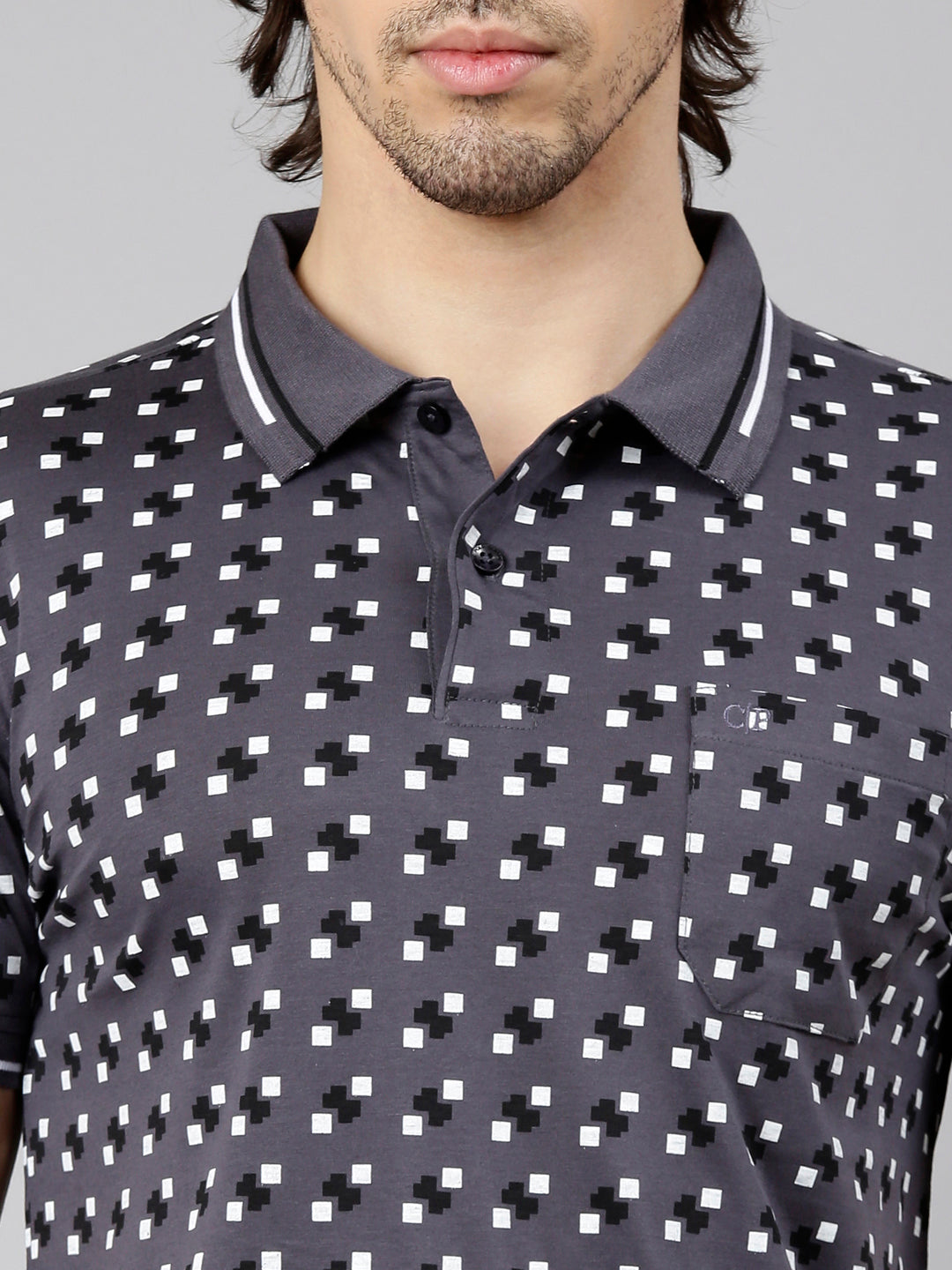 Classic Polo Men's Half Sleeve Dark Grey Polo Neck Slim Fit AOP Cotton T-Shirt | ETRANO AOP - 05 B SF P