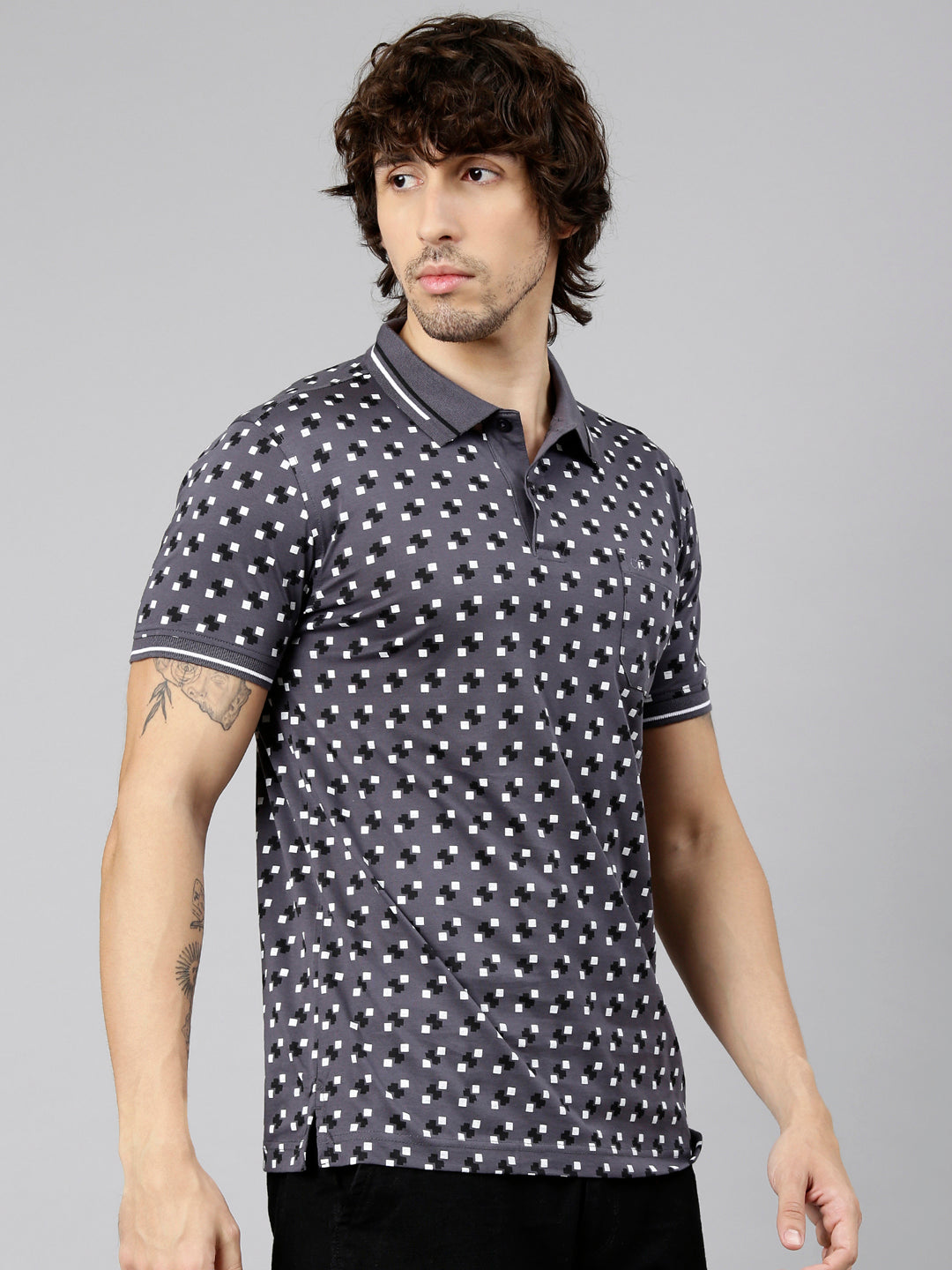 Classic Polo Men's Half Sleeve Dark Grey Polo Neck Slim Fit AOP Cotton T-Shirt | ETRANO AOP - 05 B SF P