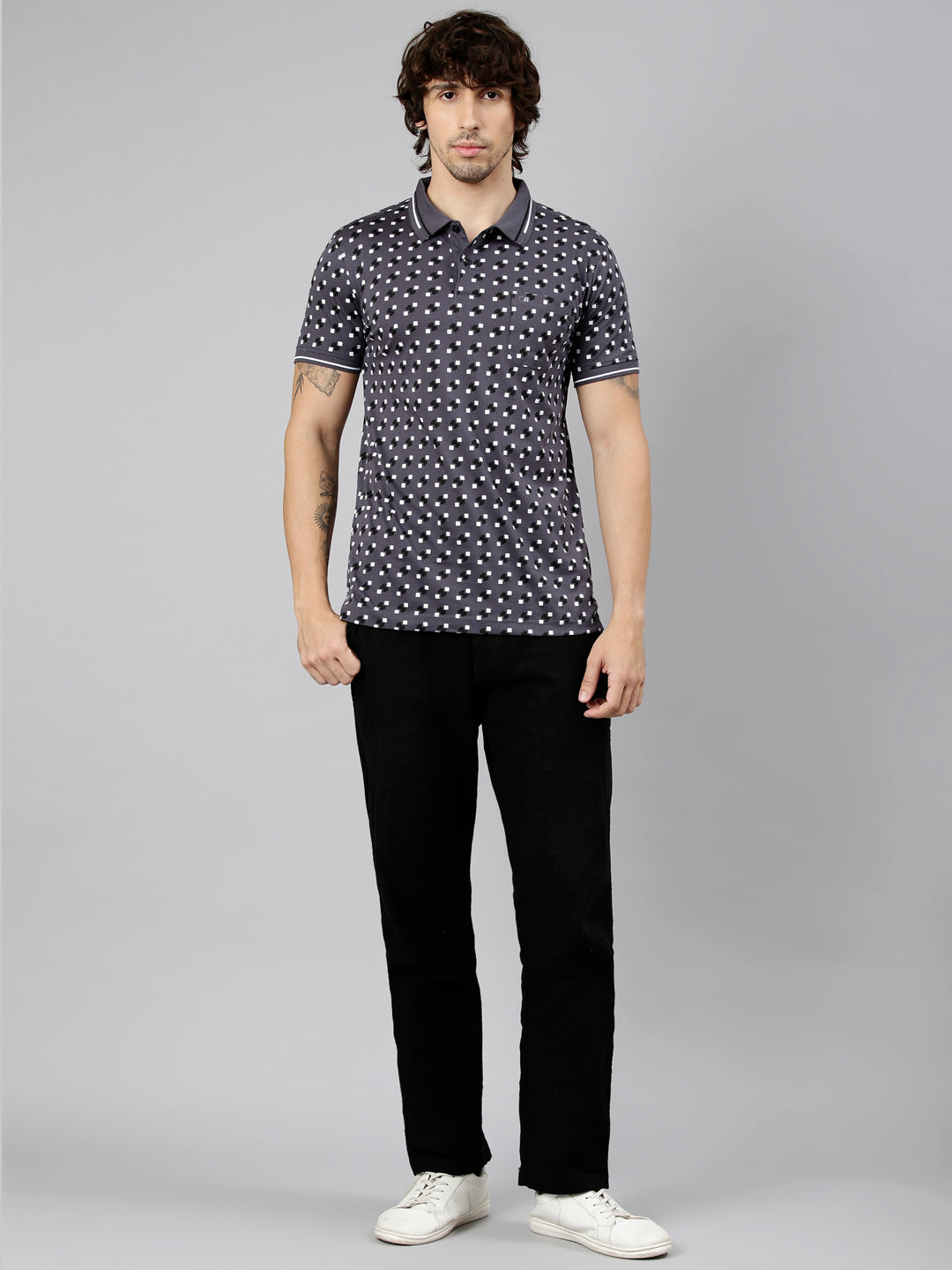 Classic Polo Men's Half Sleeve Dark Grey Polo Neck Slim Fit AOP Cotton T-Shirt | ETRANO AOP - 05 B SF P