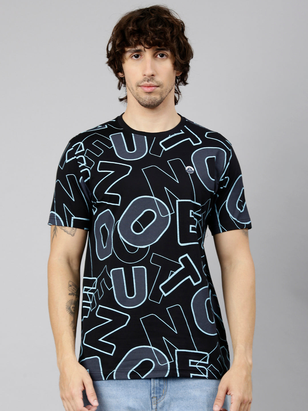 Classic Polo Men's Half Sleeve Black Crew Neck Slim Fit AOP Cotton T-Shirt | GEN-X AOP - 01 A SF C