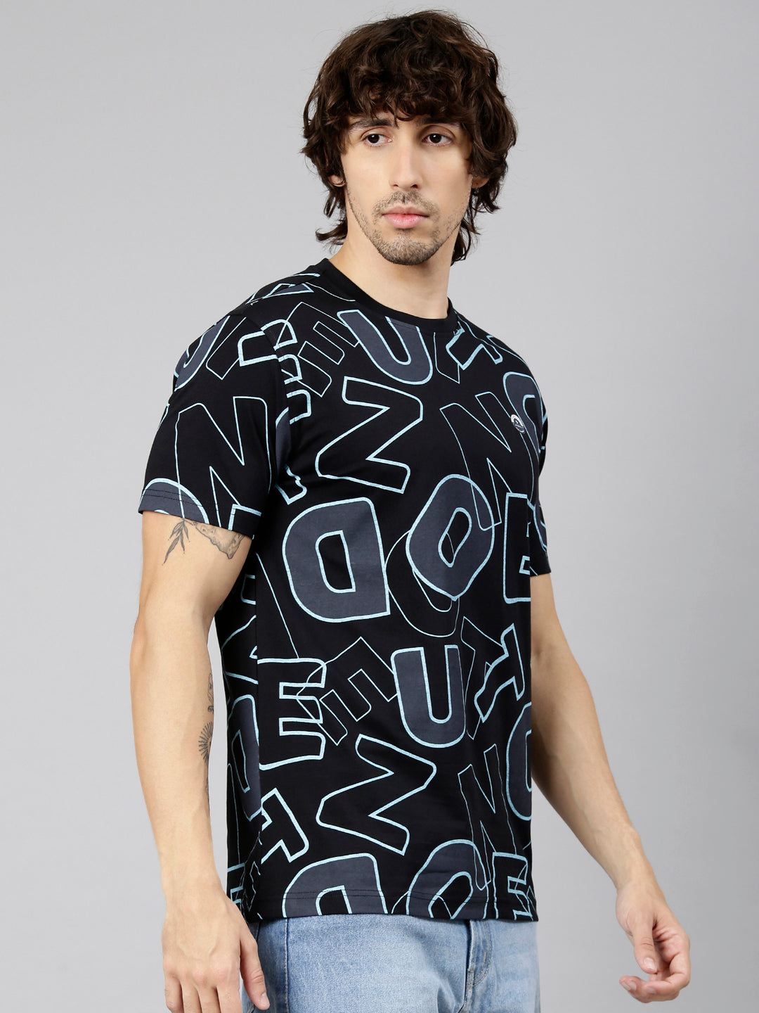 Classic Polo Men's Half Sleeve Black Crew Neck Slim Fit AOP Cotton T-Shirt | GEN-X AOP - 01 A SF C