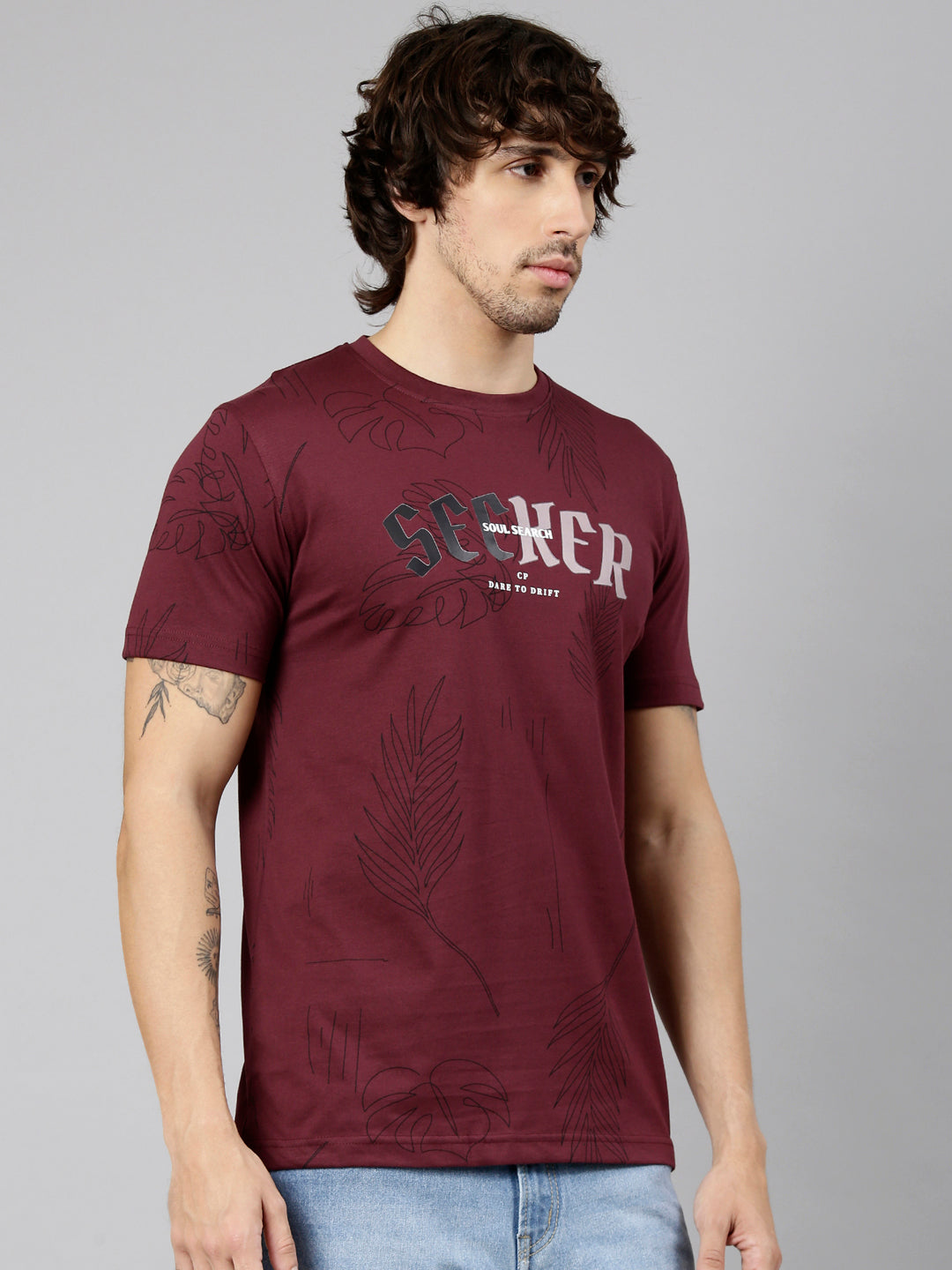 Classic Polo Men's Half Sleeve Maroon Crew Neck Slim Fit AOP Cotton T-Shirt | GEN-X AOP - 06 A SF C