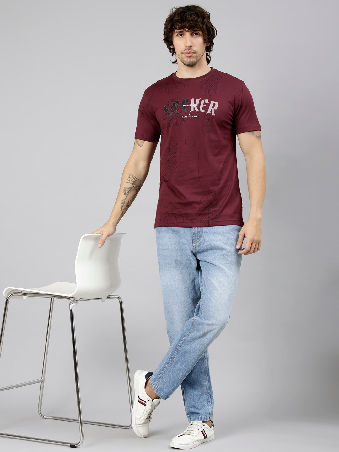 Classic Polo Men's Half Sleeve Maroon Crew Neck Slim Fit AOP Cotton T-Shirt | GEN-X AOP - 06 A SF C