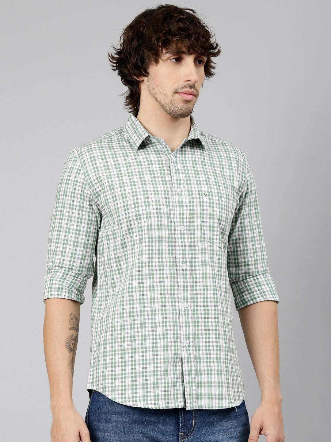 Classic Polo Men's Full Sleeve Green Polo Neck Slim Fit Checked Cotton Casual Shirt | LSHS1-EL-53 B-FS-CHK-SF