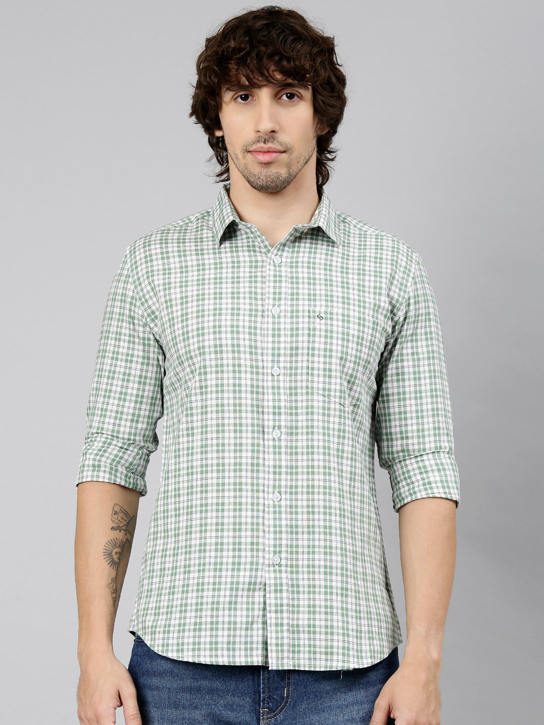 Classic Polo Men's Full Sleeve Green Polo Neck Slim Fit Checked Cotton Casual Shirt | LSHS1-EL-53 B-FS-CHK-SF