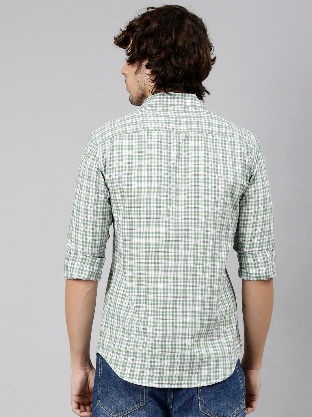 Classic Polo Men's Full Sleeve Green Polo Neck Slim Fit Checked Cotton Casual Shirt | LSHS1-EL-53 B-FS-CHK-SF