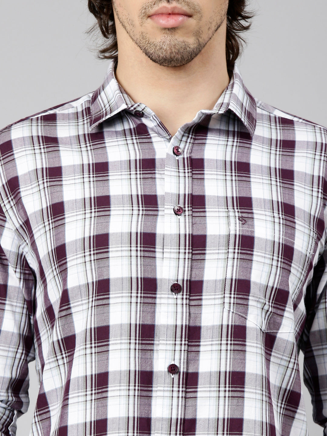 Classic Polo Men's Full Sleeve Burgundy Polo Neck Slim Fit Checked Cotton Casual Shirt | LSHS1-EL-54 A-FS-CHK-SF