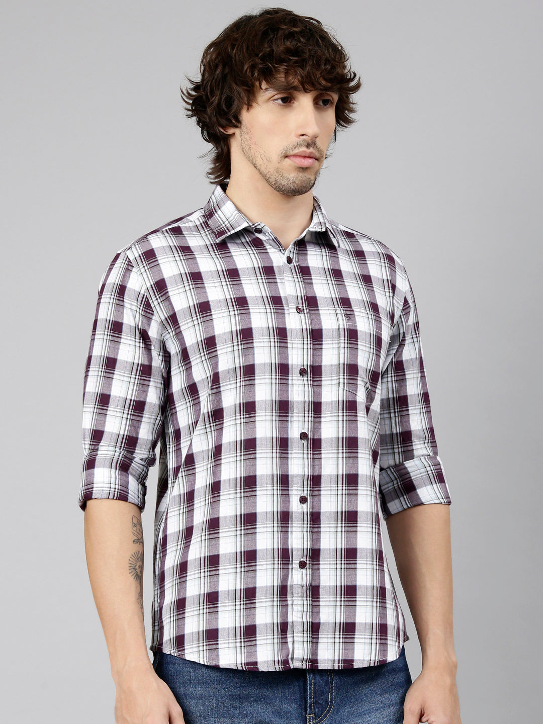 Classic Polo Men's Full Sleeve Burgundy Polo Neck Slim Fit Checked Cotton Casual Shirt | LSHS1-EL-54 A-FS-CHK-SF