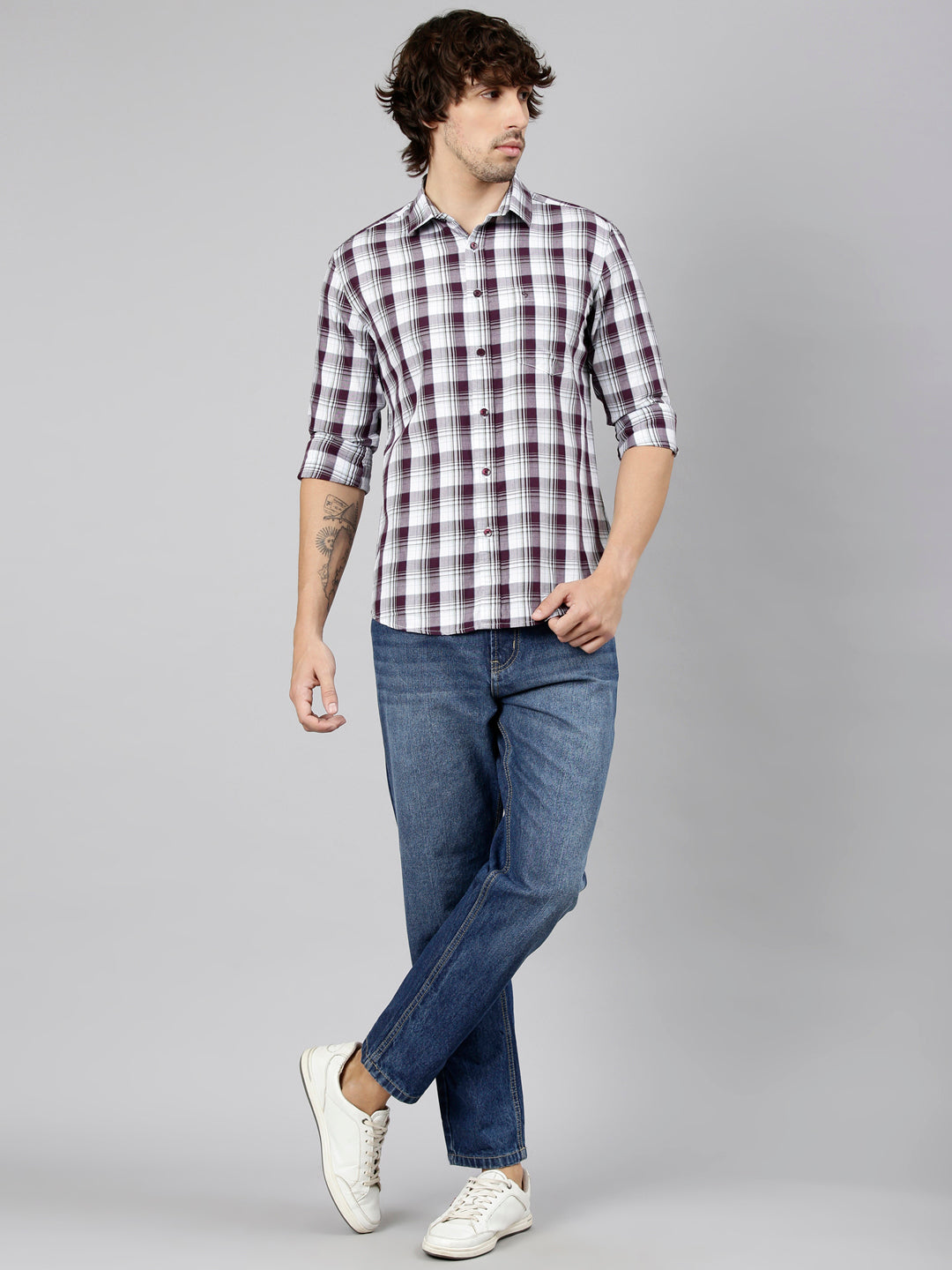 Classic Polo Men's Full Sleeve Burgundy Polo Neck Slim Fit Checked Cotton Casual Shirt | LSHS1-EL-54 A-FS-CHK-SF