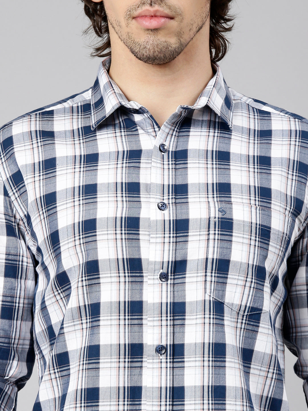 Classic Polo Men's Full Sleeve Navy Blue Polo Neck Slim Fit Checked Cotton Casual Shirt | LSHS1-EL-54 B-FS-CHK-SF