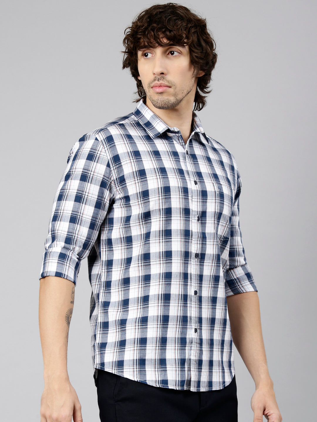 Classic Polo Men's Full Sleeve Navy Blue Polo Neck Slim Fit Checked Cotton Casual Shirt | LSHS1-EL-54 B-FS-CHK-SF