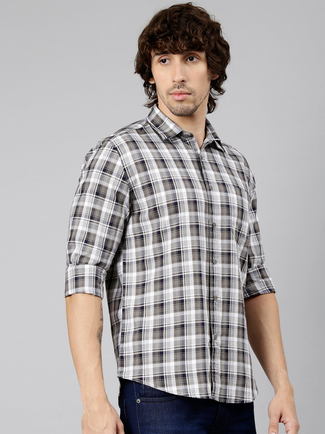 Classic Polo Men's Full Sleeve Multicolor Polo Neck Slim Fit Checked Cotton Casual Shirt | LSHS1-EL-55 B-FS-CHK-SF