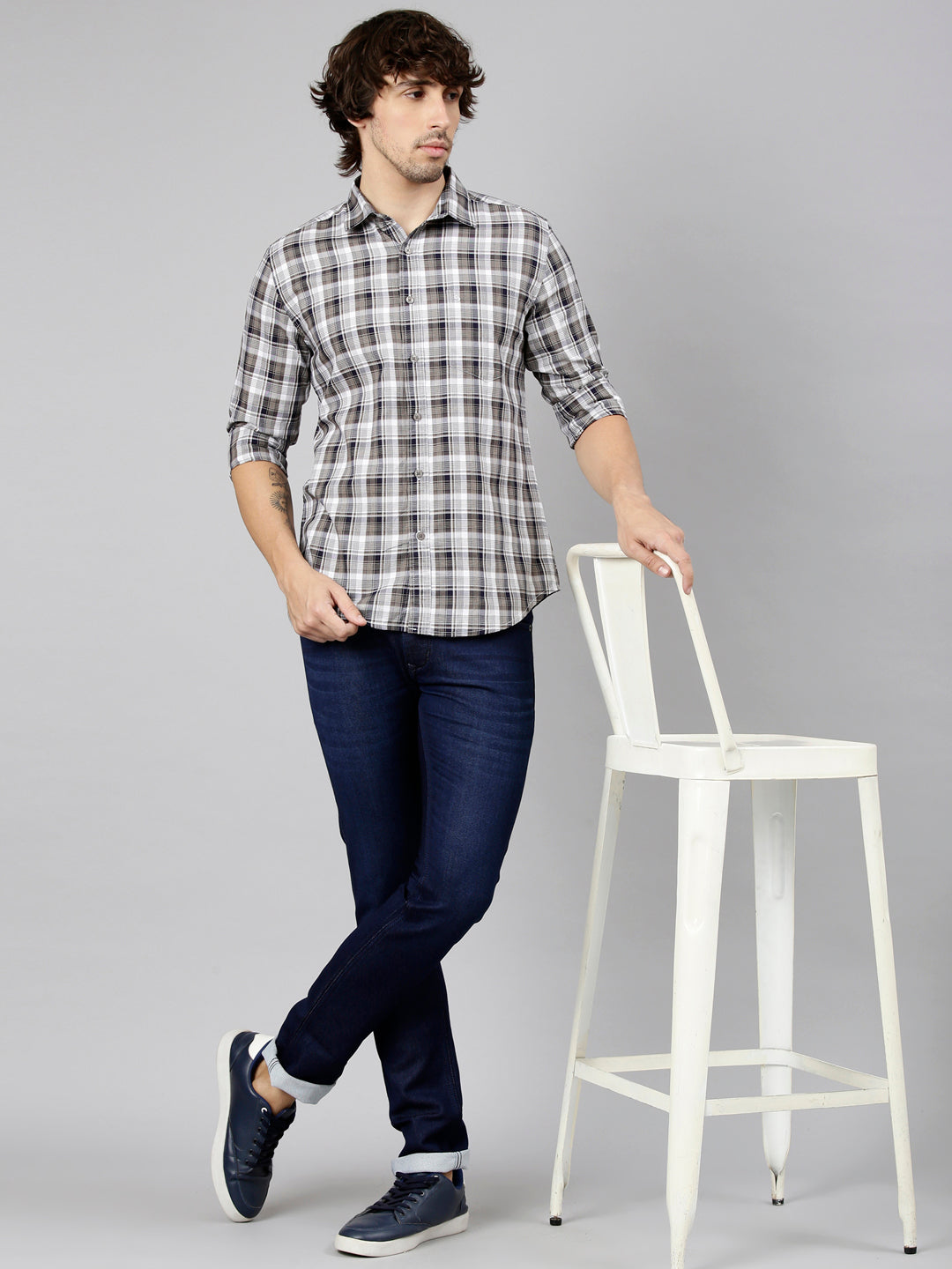 Classic Polo Men's Full Sleeve Multicolor Polo Neck Slim Fit Checked Cotton Casual Shirt | LSHS1-EL-55 B-FS-CHK-SF