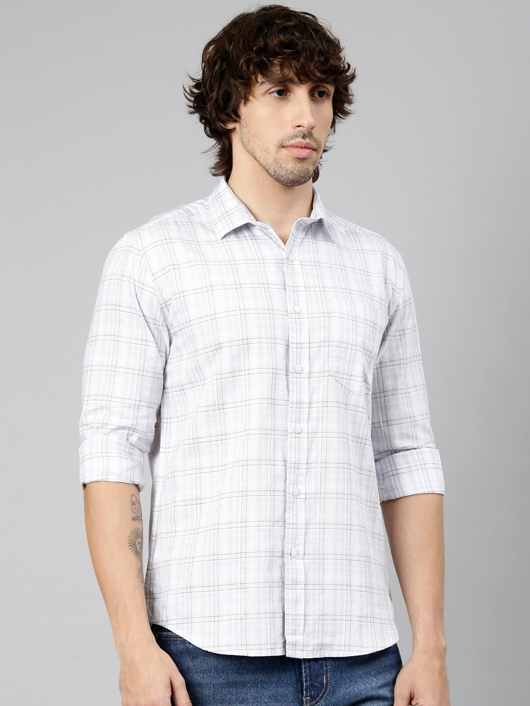 Classic Polo Men's Full Sleeve White Polo Neck Slim Fit Checked Cotton Casual Shirt | LSHS1-EL-56 A-FS-CHK-SF