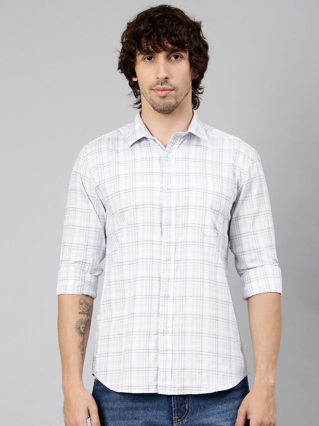 Classic Polo Men's Full Sleeve White Polo Neck Slim Fit Checked Cotton Casual Shirt | LSHS1-EL-56 A-FS-CHK-SF