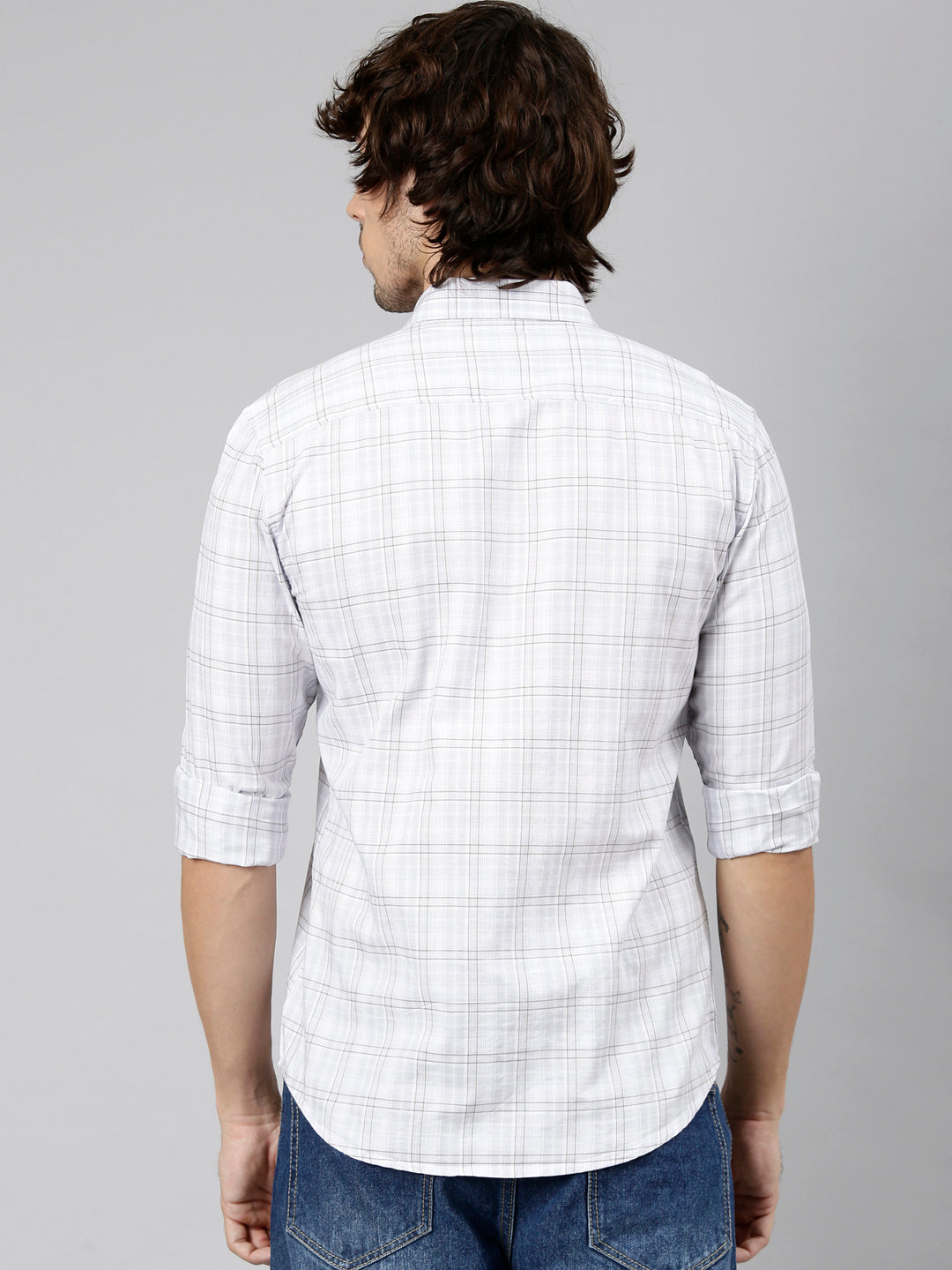 Classic Polo Men's Full Sleeve White Polo Neck Slim Fit Checked Cotton Casual Shirt | LSHS1-EL-56 A-FS-CHK-SF