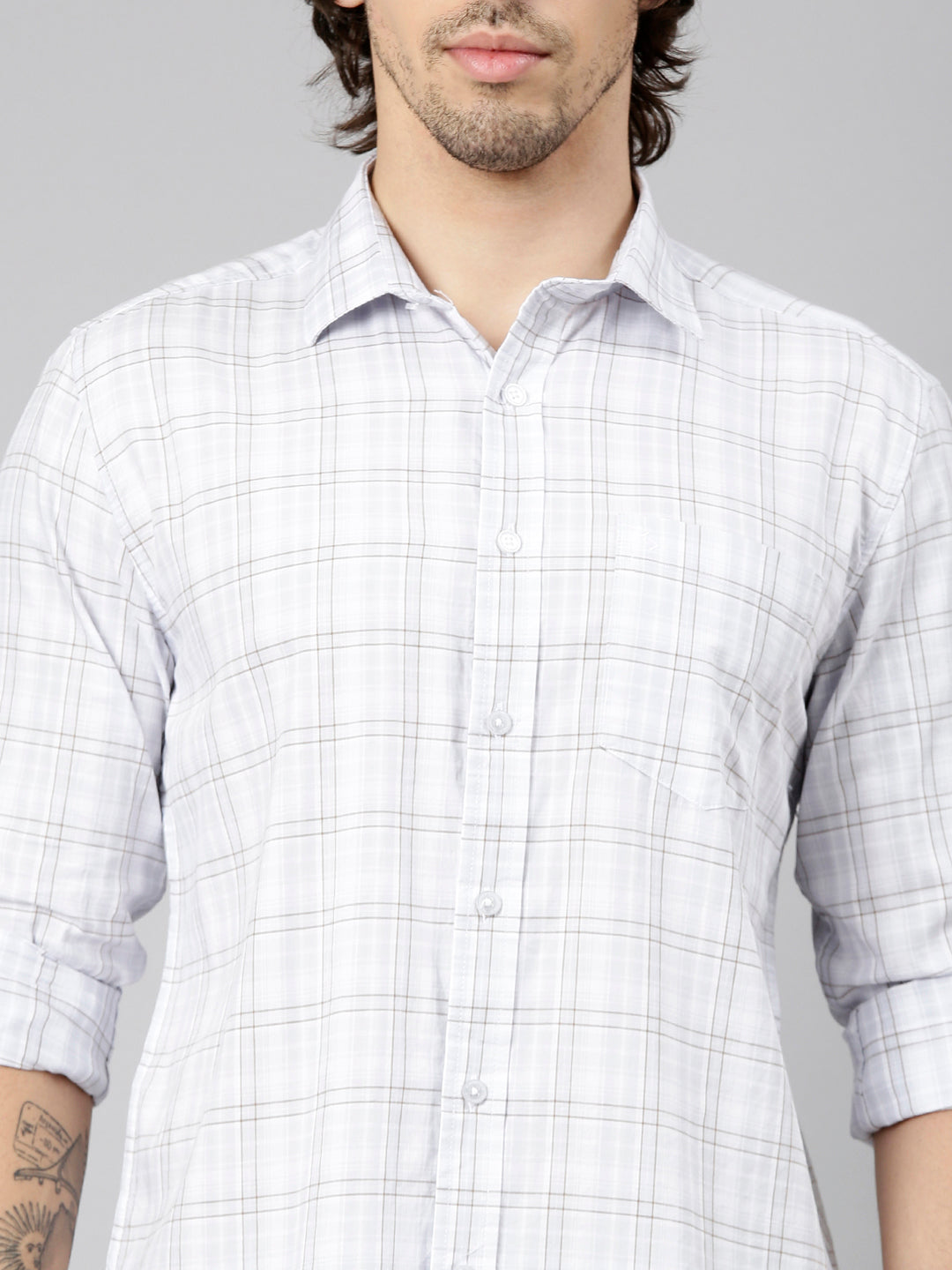 Classic Polo Men's Full Sleeve White Polo Neck Slim Fit Checked Cotton Casual Shirt | LSHS1-EL-56 A-FS-CHK-SF