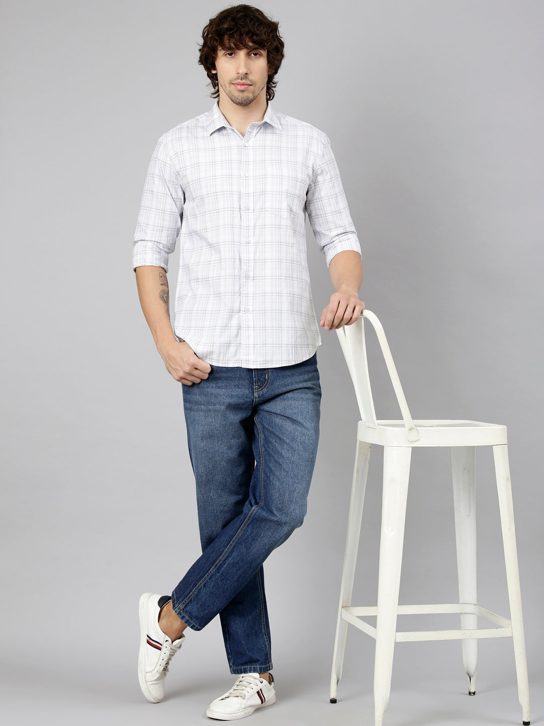 Classic Polo Men's Full Sleeve White Polo Neck Slim Fit Checked Cotton Casual Shirt | LSHS1-EL-56 A-FS-CHK-SF