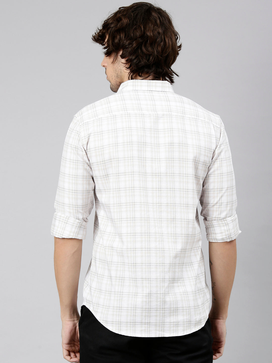 Classic Polo Men's Full Sleeve White Polo Neck Slim Fit Checked Cotton Casual Shirt | LSHS1-EL-56 B-FS-CHK-SF