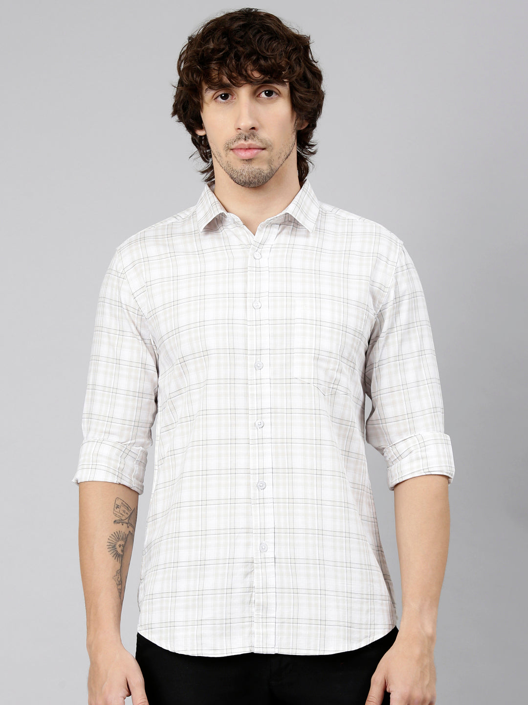 Classic Polo Men's Full Sleeve White Polo Neck Slim Fit Checked Cotton Casual Shirt | LSHS1-EL-56 B-FS-CHK-SF