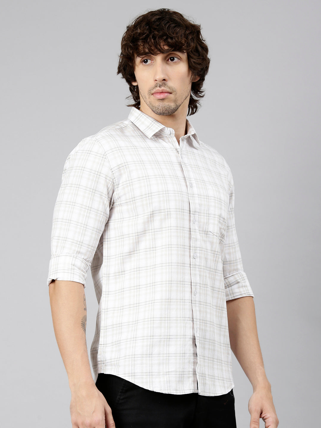 Classic Polo Men's Full Sleeve White Polo Neck Slim Fit Checked Cotton Casual Shirt | LSHS1-EL-56 B-FS-CHK-SF