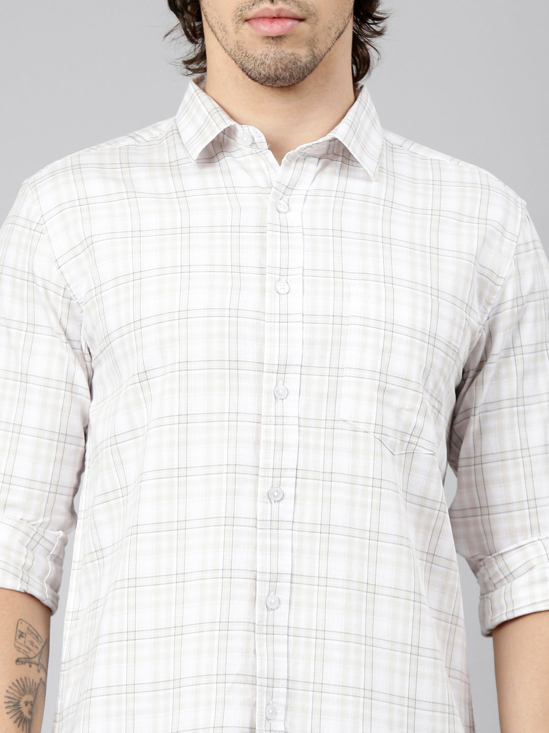 Classic Polo Men's Full Sleeve White Polo Neck Slim Fit Checked Cotton Casual Shirt | LSHS1-EL-56 B-FS-CHK-SF