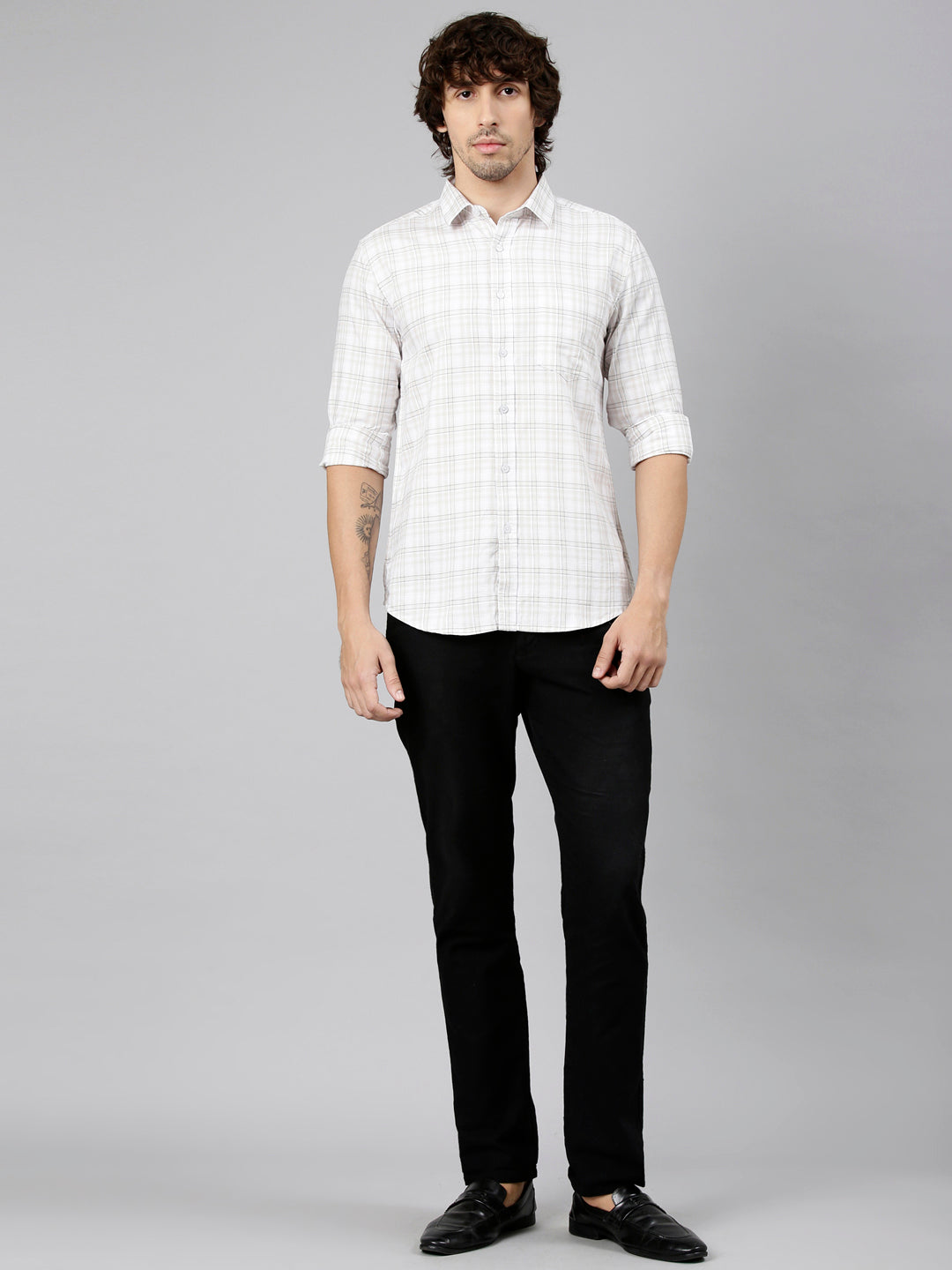 Classic Polo Men's Full Sleeve White Polo Neck Slim Fit Checked Cotton Casual Shirt | LSHS1-EL-56 B-FS-CHK-SF