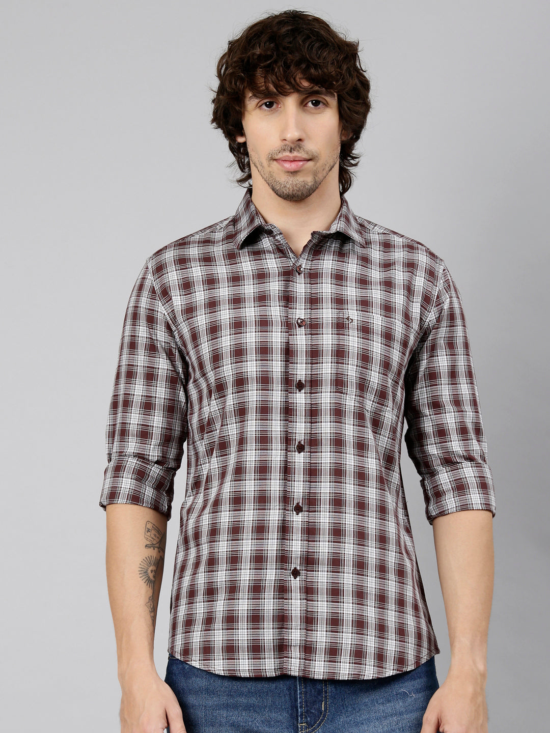 Classic Polo Men's Full Sleeve Maroon Polo Neck Slim Fit Checked Cotton Casual Shirt | LSHS1-EL-57 A-FS-CHK-SF