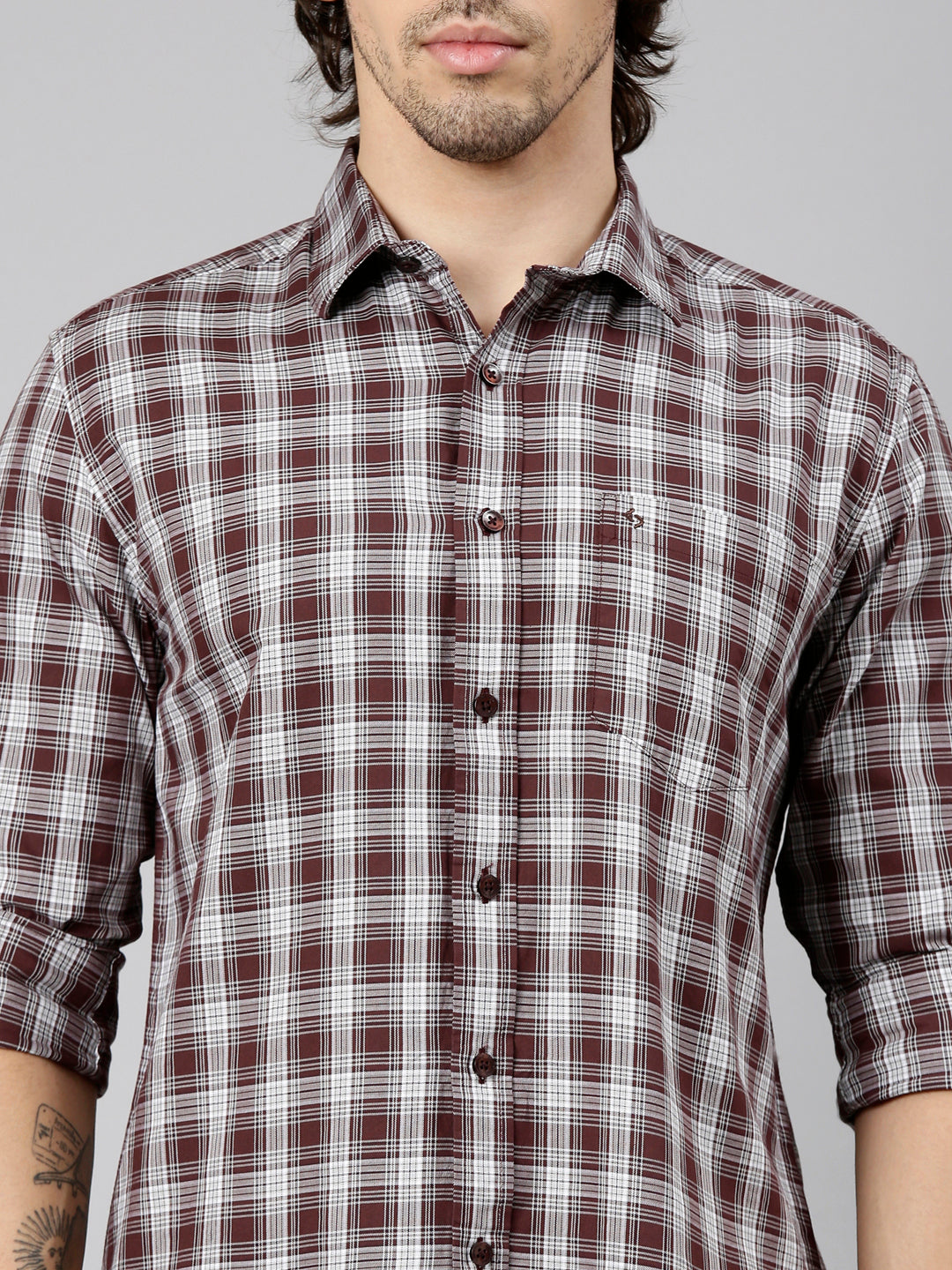 Classic Polo Men's Full Sleeve Maroon Polo Neck Slim Fit Checked Cotton Casual Shirt | LSHS1-EL-57 A-FS-CHK-SF