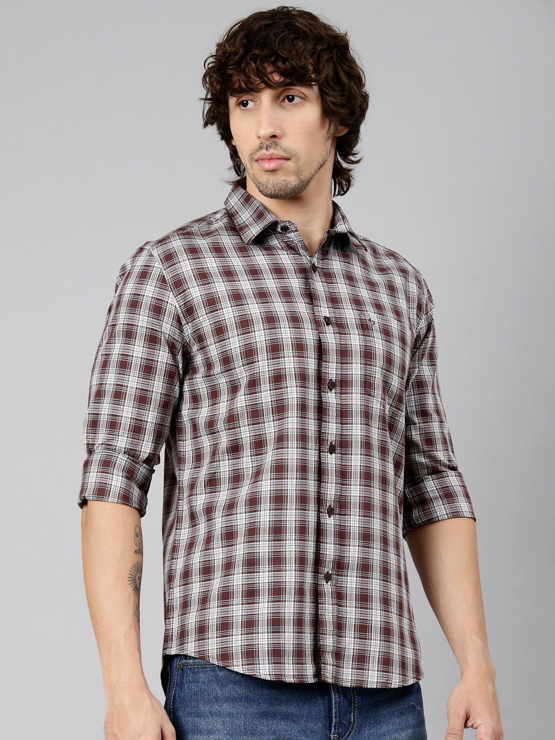 Classic Polo Men's Full Sleeve Maroon Polo Neck Slim Fit Checked Cotton Casual Shirt | LSHS1-EL-57 A-FS-CHK-SF