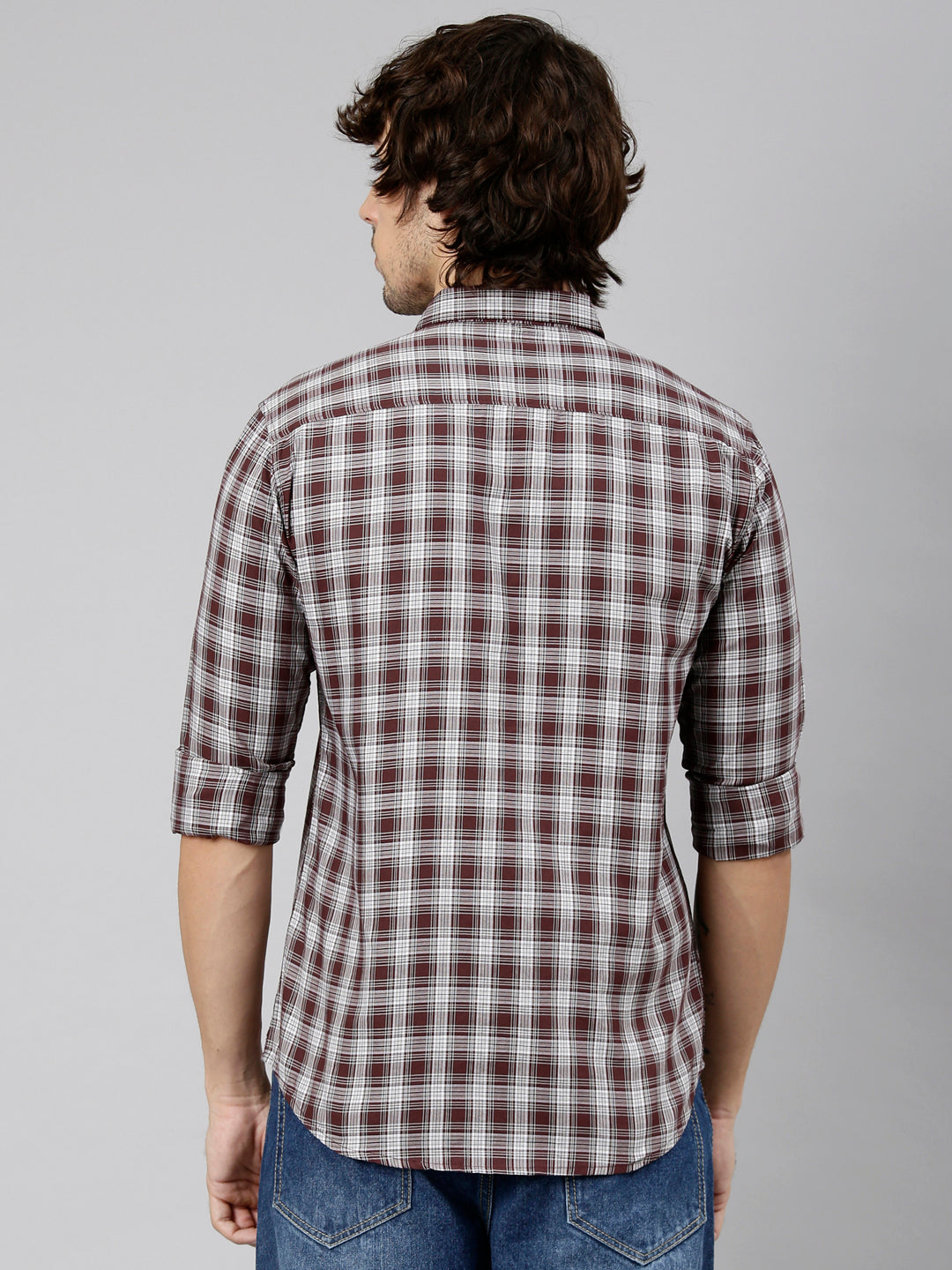 Classic Polo Men's Full Sleeve Maroon Polo Neck Slim Fit Checked Cotton Casual Shirt | LSHS1-EL-57 A-FS-CHK-SF