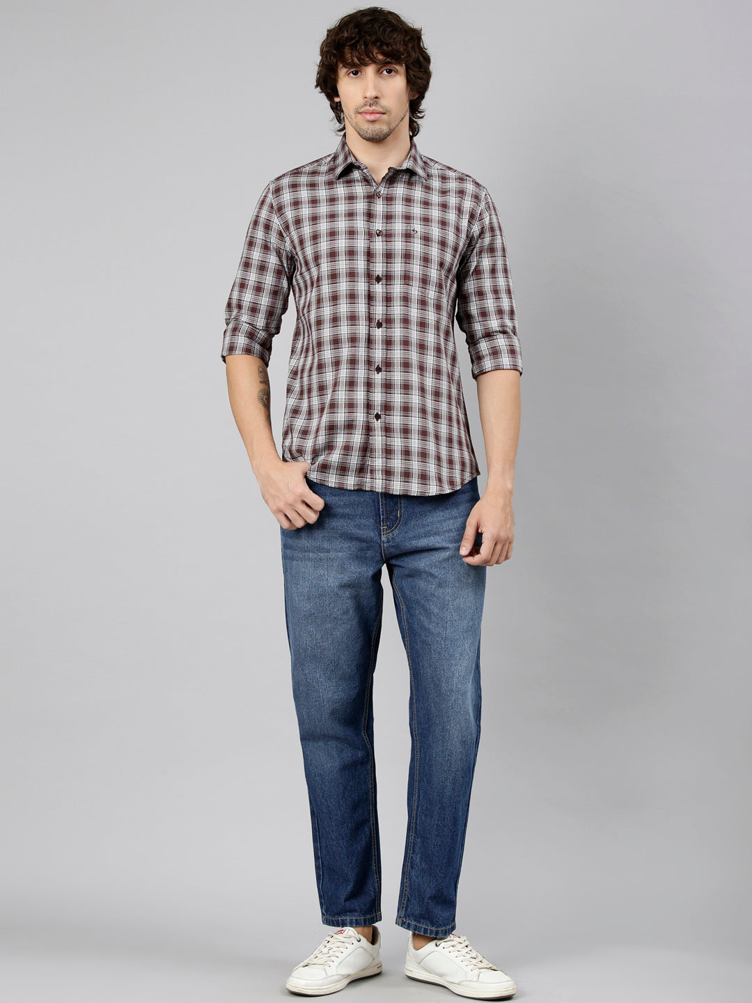 Classic Polo Men's Full Sleeve Maroon Polo Neck Slim Fit Checked Cotton Casual Shirt | LSHS1-EL-57 A-FS-CHK-SF