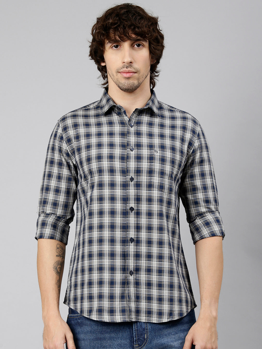 Classic Polo Men's Full Sleeve Navy Blue Polo Neck Slim Fit Checked Cotton Casual Shirt | LSHS1-EL-57 B-FS-CHK-SF