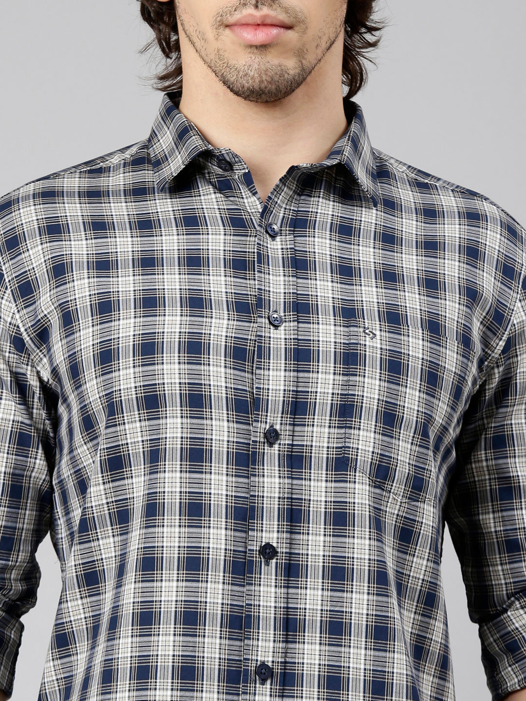 Classic Polo Men's Full Sleeve Navy Blue Polo Neck Slim Fit Checked Cotton Casual Shirt | LSHS1-EL-57 B-FS-CHK-SF